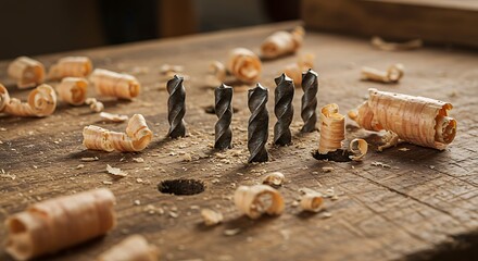 Craftsman's Table: Dark Drill Bits Stand Tall Among Golden Wood Shavings on a Textured Workbench