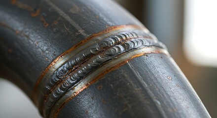 Detailed Close-Up of Welded Pipe Joint, Industrial Texture, Rust, and Curves.
