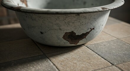 Distressed Enamel Bowl: Cracked Surface, Rust Patches, and Textured Tile Backdrop