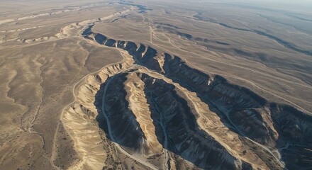 Dramatic Aerial View: Arid Canyon Landscape with Winding Dirt Roads and Long Shadows at Golden Hour