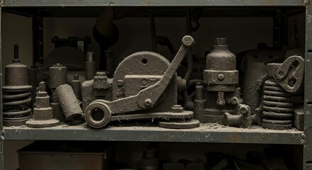 Dusty Vintage Industrial Machine Parts and Springs on Shelving