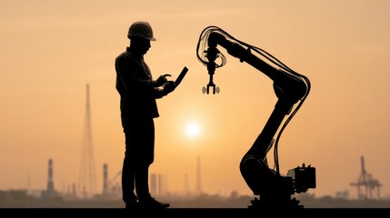 Engineer Using Tablet with Robotic Arm at Dusk in Industrial Setting, Silhouette with Golden Sun and Smoke Stacks in Background