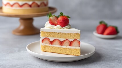 Delicious strawberry shortcake slice on a plate with fresh strawberries and cream sitting on a wooden stand against a soft gray background