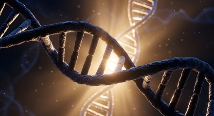 Radiant DNA double helix, symbolizing genetic research, scientific discovery, and life's molecular blueprint, glowing within an abstract, ethereal scientific environment