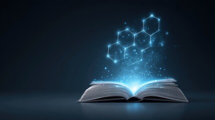 Open book with glowing holographic elements and hexagonal shapes floating above, representing knowledge, science, and technology, on dark background