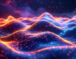 Abstract, undulating digital landscape of glowing orange and blue light