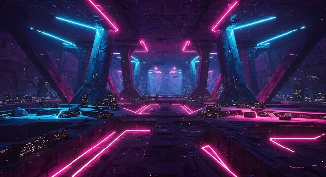 Interior view of a futuristic hall with geometric architecture illuminated by vibrant pink and blue neon lights, creating a symmetrical and modern aesthetic.