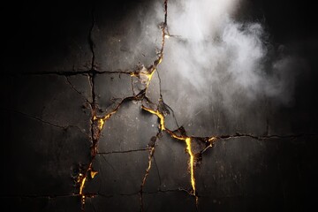 Cracked black surface glowing with bright yellow and wisps of smoke