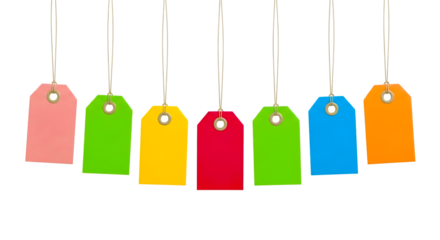 Colorful price tags hanging on strings isolated on transparent background