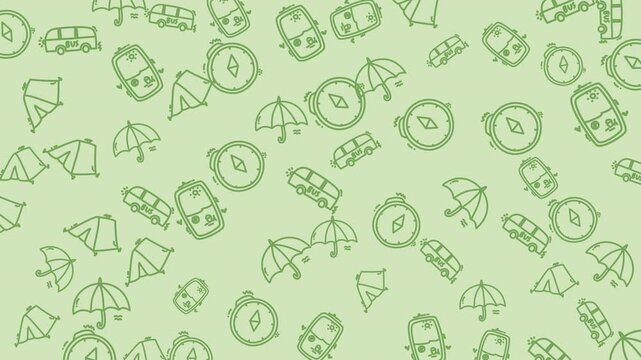 Light Green Seamless Pattern with Outdoor Adventure Icons: Camper Van, Tent, Compass, Umbrella. Nature Travel Background