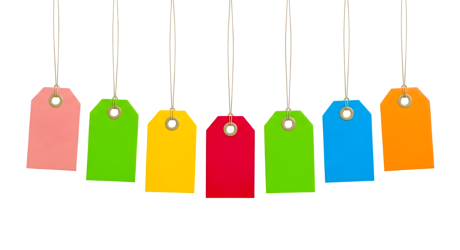 Colorful price tags hanging on strings isolated on transparent background - Powered by Adobe