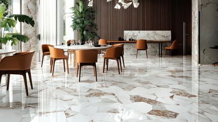 Modern dining room, interior, marble floor, elegant