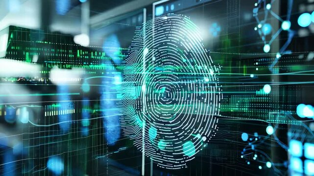 This image depicts a fingerprint scanner integrated with digital data visualization, highlighting security and biometric identification technology in a modern context.