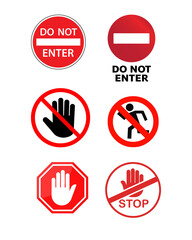 Set of Six Red Prohibition and Warning Signs Icons