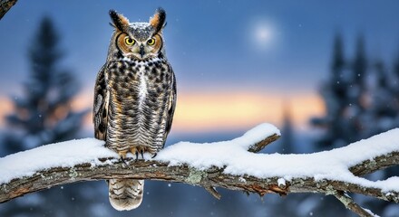 A great horned owl perched on a snowy branch at twilight 2