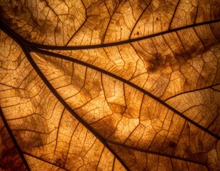 Obraz premium Close-up view reveals the intricate veins and texture of a decaying, sunlit leaf, showcasing nature's beauty