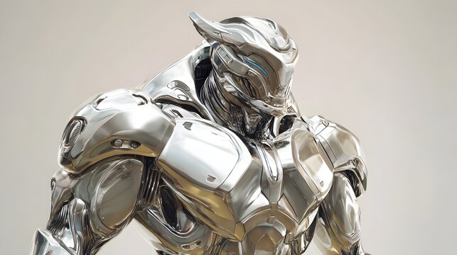 Futuristic metallic warrior suit with intricate design stands on white background.