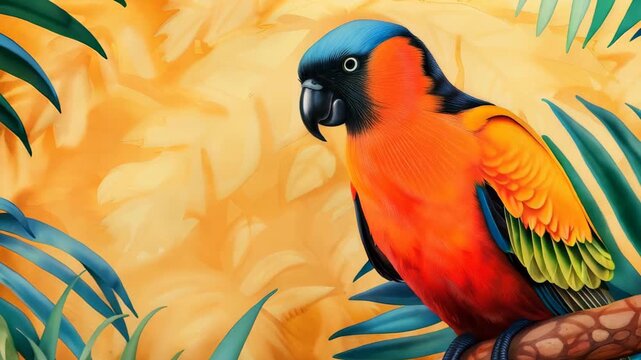 A striking parrot with vibrant orange and blue colors rests on a branch, surrounded by lush tropical foliage, capturing the essence of exotic wildlife in nature.