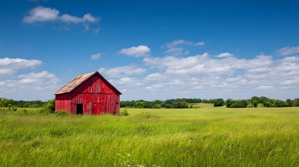 Obraz premium Red barn stands alone in a lush, sunlit green field under a bright blue sky.