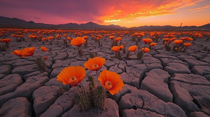 Orange desert poppies bloom among cactus roots after rare spring rainfall. 