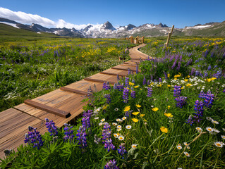 Wooden boardwalk winding through an alpine wildflower meadow with snow-capped mountains under a clear blue sky on a sunny summer day.
