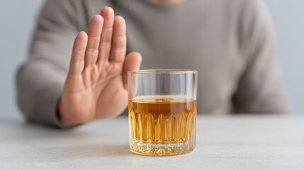 Person Refraining from Alcohol with Glass of Whiskey on Table, Promoting Healthy Lifestyle Choices and Wellness through Abstaining from Drinking