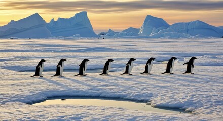 A group of penguins waddling on an Antarctic ice floe
