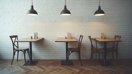 Empty cafe interior with wooden tables and chairs, minimal style. Use for showcasing a modern cafe or restaurant
