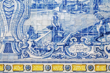wall mural ceramic tiles, known as azulejos,  with scenes of ships, buildings, and coastal landscapes. The mural includes maritime imagery in Mercado do Livramento in Setubal, Portugal