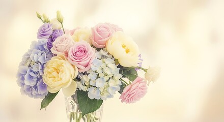 Beautiful pastel flower bouquet roses hydrangeas floral arrangement for wedding or home decor ideas