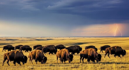  A herd of bison on a wide plain under dramatic skies