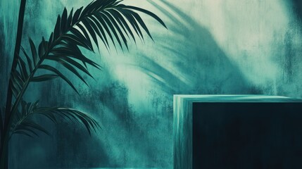 Teal backdrop, product display, palm leaves, studio lighting, mock-up