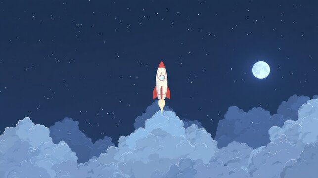 Cartoon rocket ship launching into a starry night sky with clouds - Powered by Adobe
