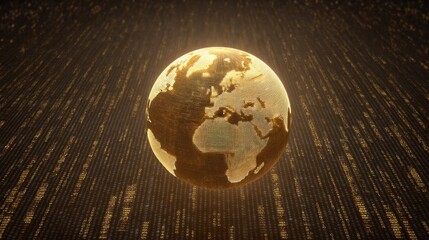 Golden Earth Globe Surrounded by Digital Binary Code with Glowing Particles Representing Global Connectivity and Technology Advancement