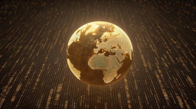 Golden Earth Globe Surrounded by Digital Binary Code with Glowing Particles Representing Global Connectivity and Technology Advancement