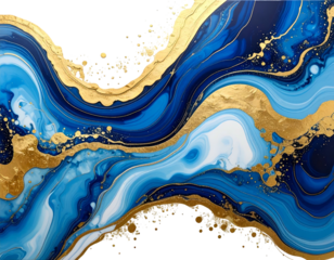 Swirling blues and golds create an elegant, abstract fluid art design