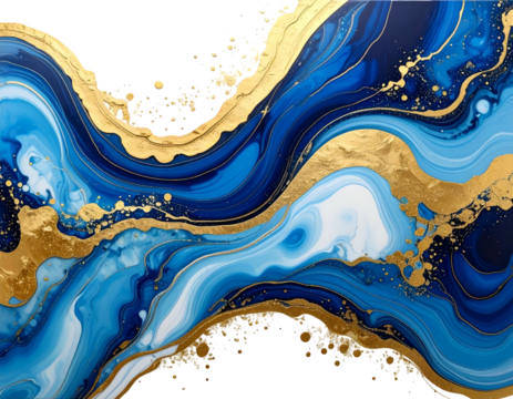 Swirling blues and golds create an elegant, abstract fluid art design