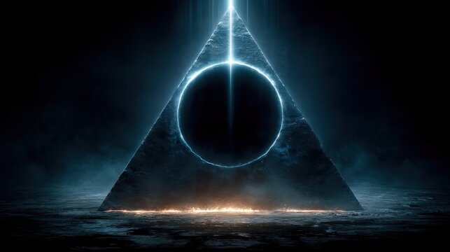 A glowing triangular structure with a circular void at its center, emanating light against a dark, misty background.