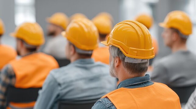 Construction Workers Attending Safety Training Session with Orange Vests and Yellow Hard Hats in Indoor Conference Room Setting - Powered by Adobe