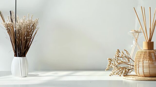 This visually appealing image features a decorative aromatherapy diffuser surrounded by dried flowers, creating a serene and stylish home atmosphere.