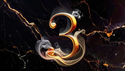 Stylized letter 3 sculpted from liquid glass and molten gold, floating with silk and smoke tendrils — a surreal fusion of luxury calligraphy, cosmic glow, and avant-garde artistry.
