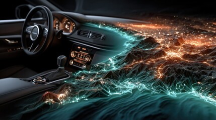 A futuristic car interior with digital terrain visualization, showcasing a blend of technology and immersive design elements.