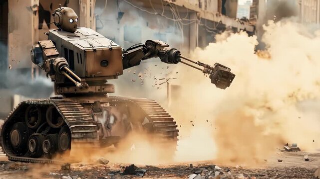 A robotic vehicle engages in action amidst a war-torn urban setting, creating chaos with its powerful movements and sparks flying. Ideal for dynamic technology themes.