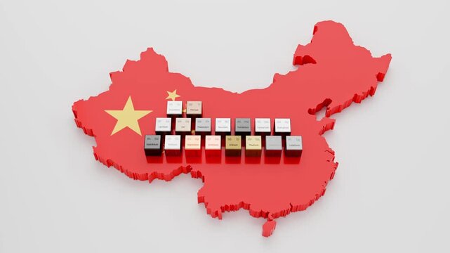 The 17 rare earth elements depicted as cubes with their atomic numbers, symbol and names engraved on the map of China. Scandium Yttrium Neodym Lanthan Terbium Lutetium Holmium Praseodym Thulium Erbium