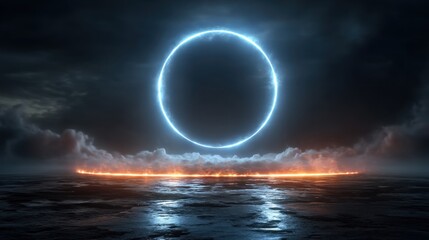 A surreal scene featuring a glowing blue circle above a fiery horizon, surrounded by dark clouds reflecting on calm water.