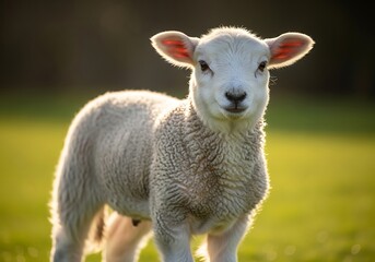 Obraz premium A cute young white lamb stands in a sunlit green field, looking directly at the viewer with soft, innocent eyes.