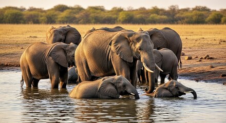 A herd of elephants bathing in a watering hole at golden hour