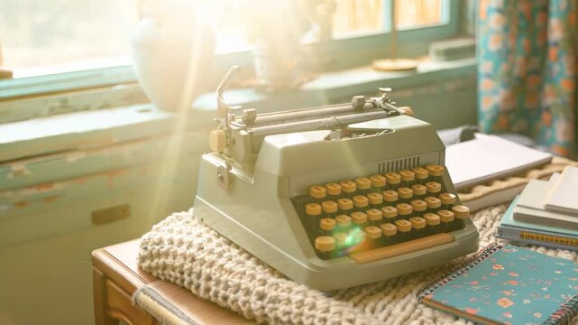 A charming vintage typewriter sits atop a textured desk, surrounded by cozy decor and notebooks. Natural light streams through the window, creating an inviting atmosphere for creativity and writing.