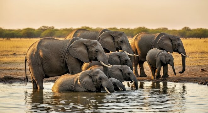 A herd of elephants bathing in a watering hole at golden hour