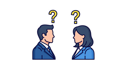 Business uncertainty man and woman with question marks representing career challenges and corporate dilemma used for business presentations